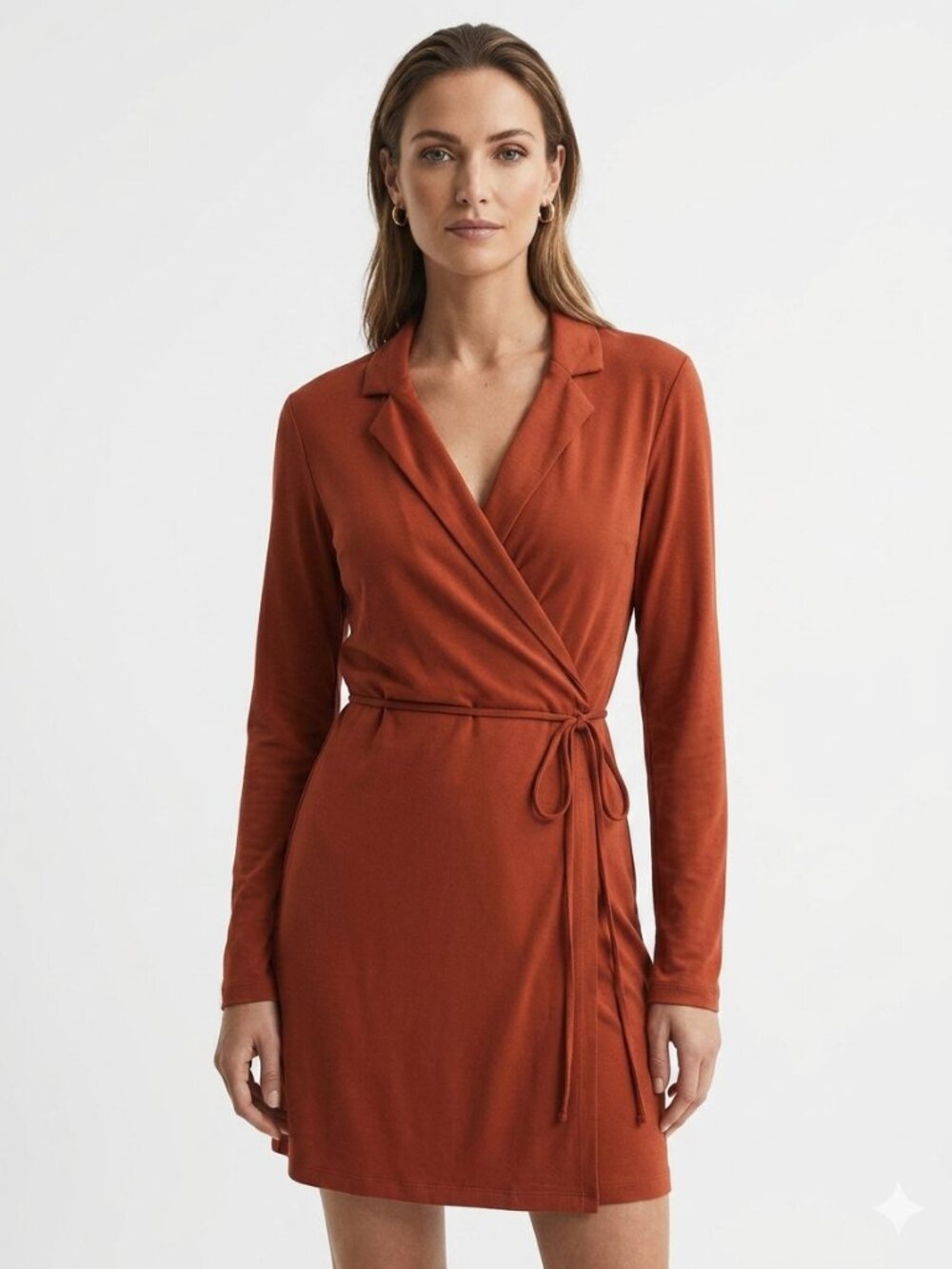 FREE PEOPLE HELENA BROWN COGNAC LONG SLEEVE WRAP DRESS - XS